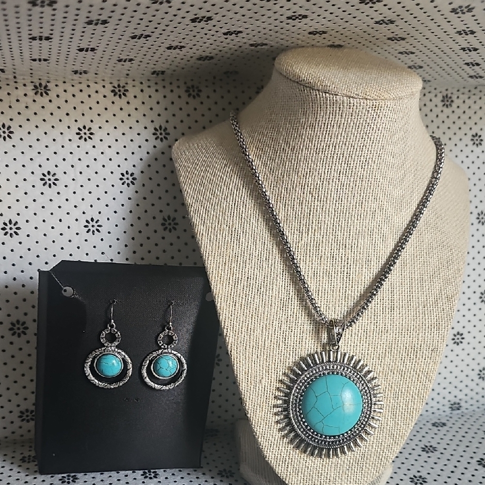 Turquoise and Silver Necklace and Earring Set